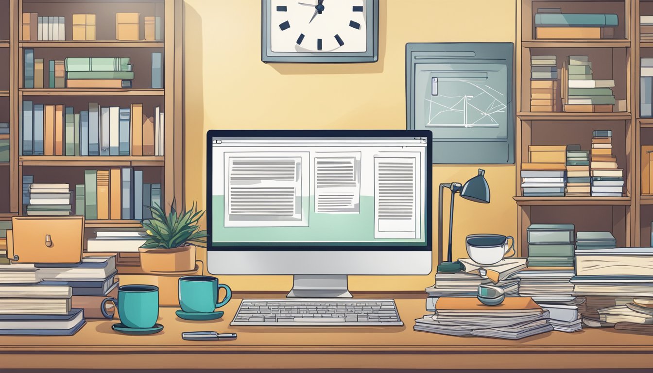 A computer screen displaying the evolution of ChatGPT, surrounded by books and research papers, with a cup of coffee on the desk