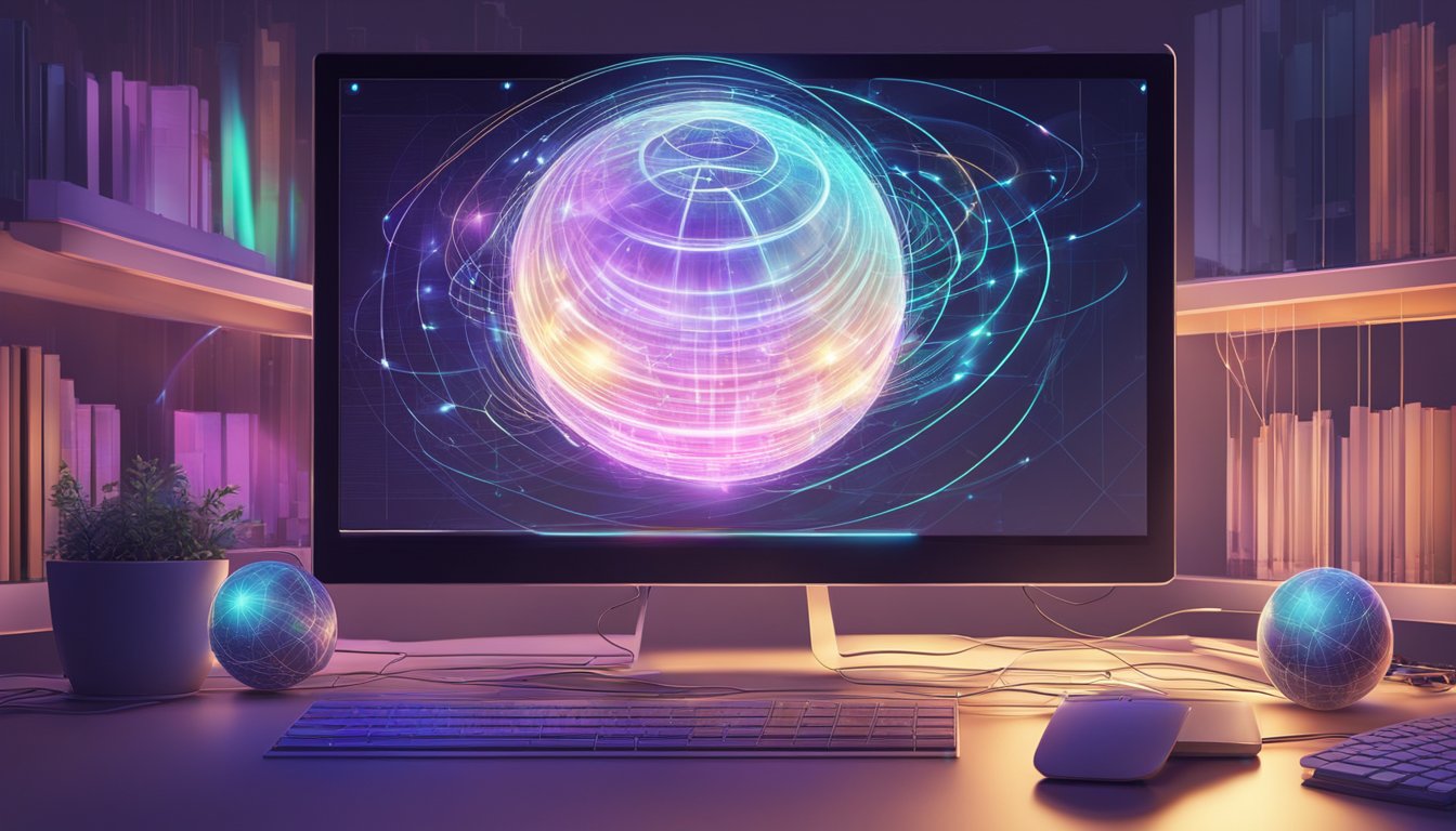 A glowing orb hovers above a computer, emitting light and energy, while digital lines and symbols swirl around it