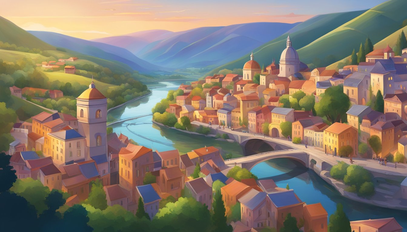 Una tranquilla città situata tra dolci colline, con edifici colorati e un mercato vivace. Un fiume tortuoso scorre attraverso il centro, riflettendo il caldo bagliore del sole al tramonto.