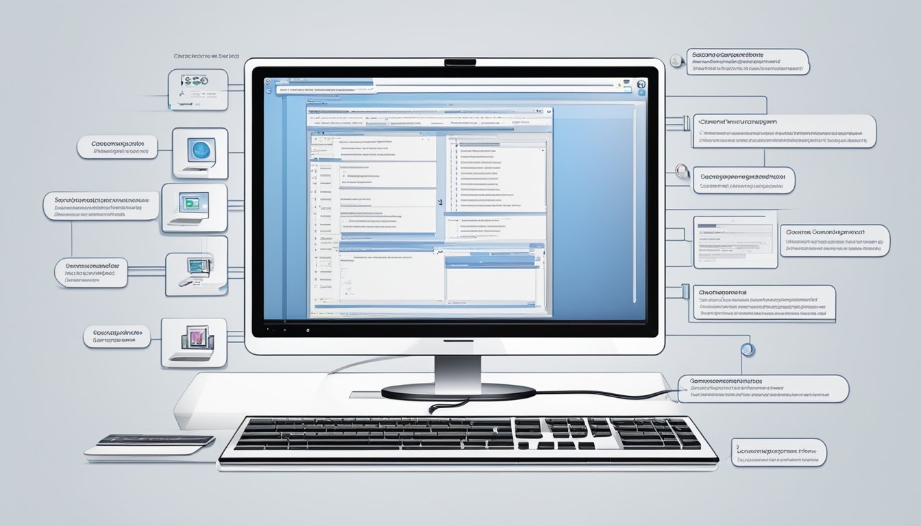 Un monitor che mostra i requisiti di sistema e le compatibilità necessarie per installare e utilizzare ChatGPT, con vari componenti tecnici e connessioni.