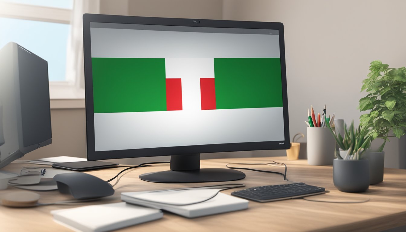 Una bandiera italiana che sventola nel vento, con un monitor del computer che mostra il logo di ChatGPT e le parole "Blocco di ChatGPT in Italia."