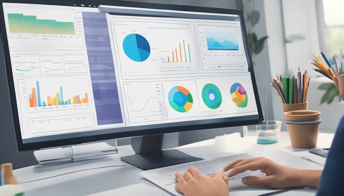 Uno schermo di computer che mostra varie immagini e grafici, con una mano che utilizza uno stilo per interagire con il contenuto